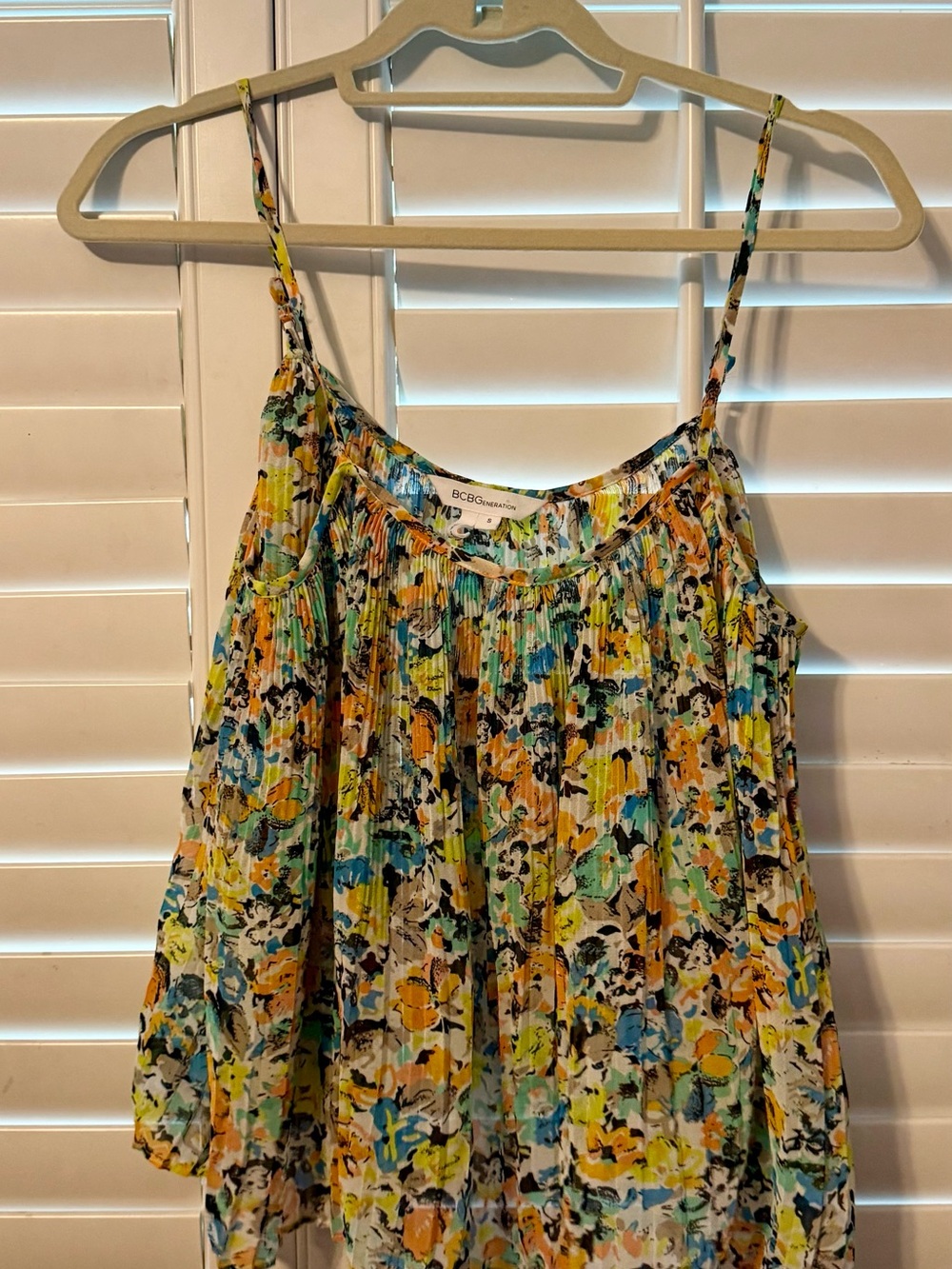 BCBGeneration Floral Pleated Spaghetti-Strap Camisole in Yellow, Blue, Green
